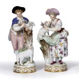 Pair of Meissen porcelain figure groups of the Shepherd and Shepherdess, with greek key pattern to