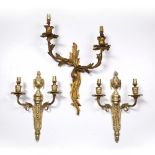 Pair of two light bronze candelabra with urn stylized finial 36cm high together with a two branch