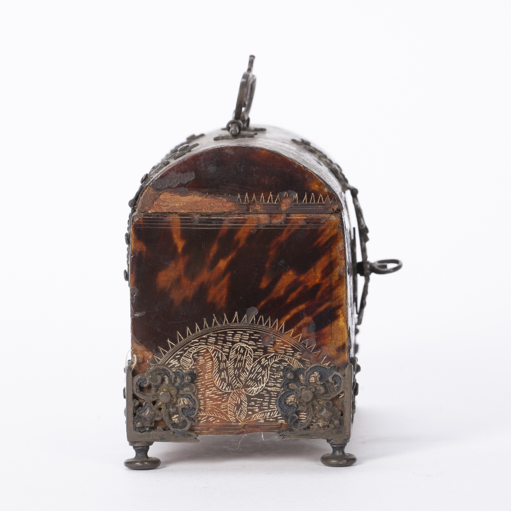 Tortoiseshell casket 18th Century, engraved with foliate scrolls, with applied metal mounts possibly - Image 3 of 5