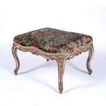 Carved and painted beechwood stool French, 18th Century, with 17th/18th Century tapestry cover, on