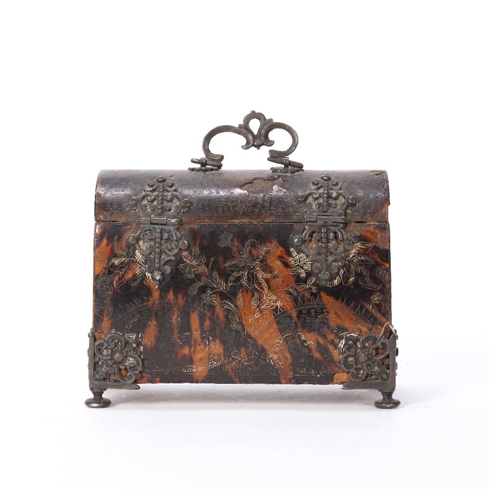 Tortoiseshell casket 18th Century, engraved with foliate scrolls, with applied metal mounts possibly - Image 2 of 5