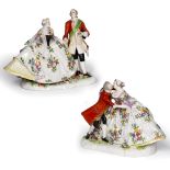 Pair of porcelain Continental figure groups in the Meissen style, 20cm and 24cm high.