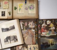 Three scrapbooks with various cutting from old albums, postcards and greetings card, one
