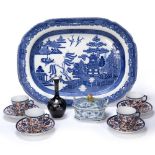 Pearlware Willow pattern platter 42cm, a Delft butter dish, a part coffee set and cobalt blue and