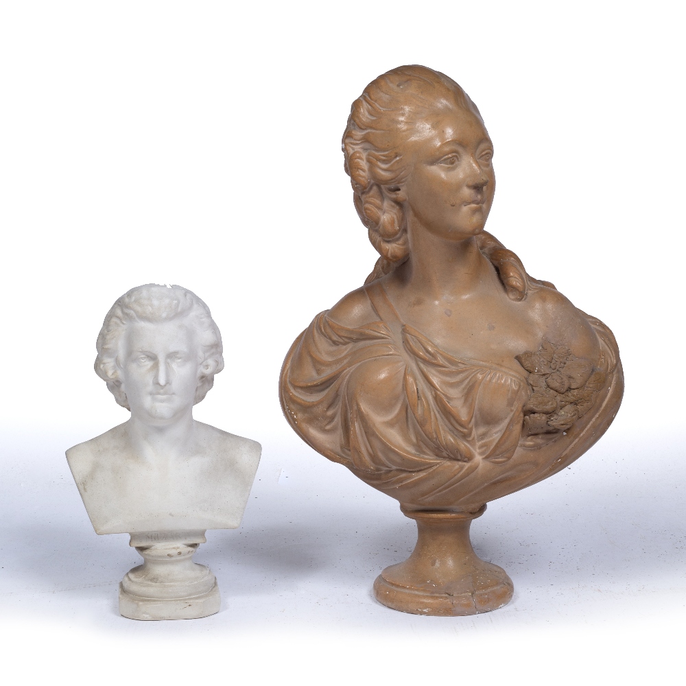 Plaster bust of Madame du Barry after Pajou 51cm and a smaller plaster bust of Mozart, 31cm (2)