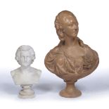 Plaster bust of Madame du Barry after Pajou 51cm and a smaller plaster bust of Mozart, 31cm (2)