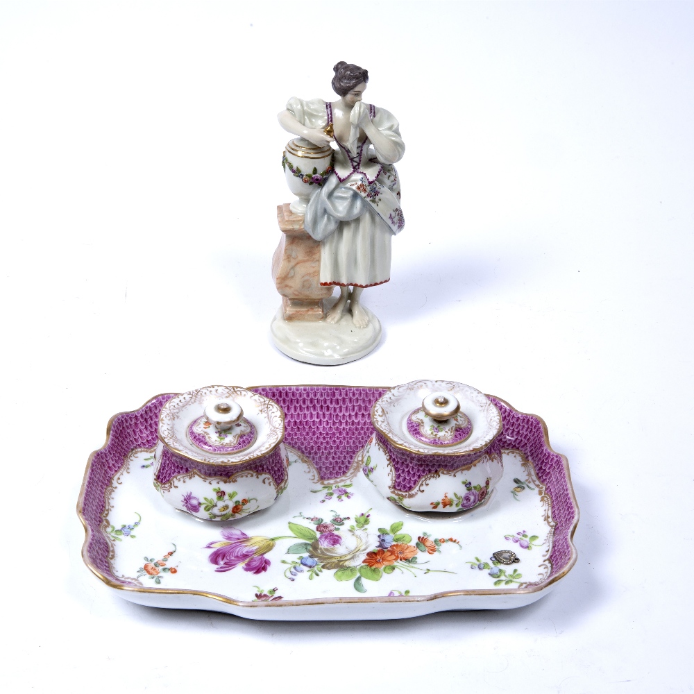 Dresden porcelain ink stand with floral decoration and marked to the base, 24cm across and a