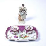 Dresden porcelain ink stand with floral decoration and marked to the base, 24cm across and a