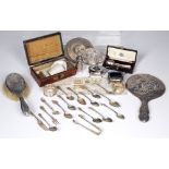 Collection of silver and white metal ware to include: a cased set of twelve silver teaspoons,