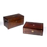 19th Century rosewood tea caddy with brass and mother of pearl inlay, 33cm wide overall x 18cm
