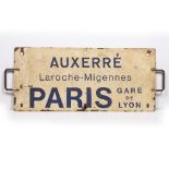 Gare De Lyon enamel sign marked Auxerre Laroche-Migennes Paris Gare De Lyon 79cm across