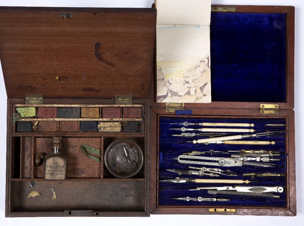 Cased technical drawing set handles marked 'Elliott', an early 20th Century artist's box, with