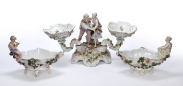 Pair of porcelain model baskets Sitzendorf, each with a figure mount, 24cm and a Sitzendorf centre
