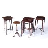 Pair of mahogany square urn tables 32cm across, 64cm high, a wine table and an Edwardian nest of