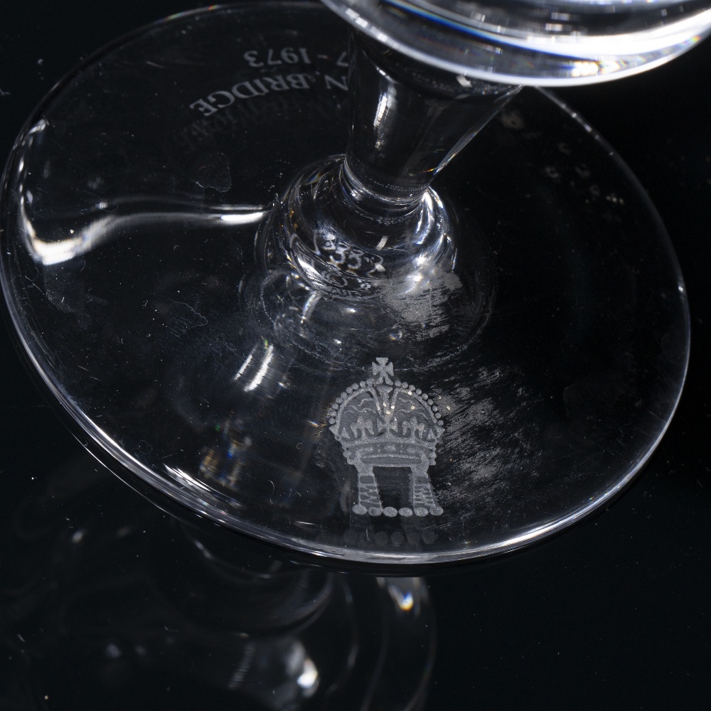 Group of five Baccarat of France wine glasses variously etched, including coat of arms, oval - Image 2 of 4
