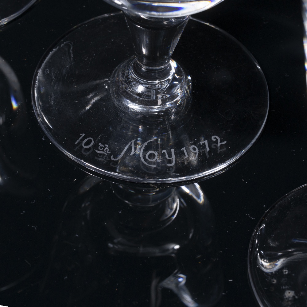 Group of five Baccarat of France wine glasses variously etched, including coat of arms, oval - Image 3 of 4