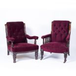 Two mahogany burgundy upholstered armchairs Victorian Provenance: Long Court, Randwick, Glos