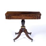 Rosewood and inlaid card table 19th Century, with fold-over swivel top on parcel gilt column, 95cm