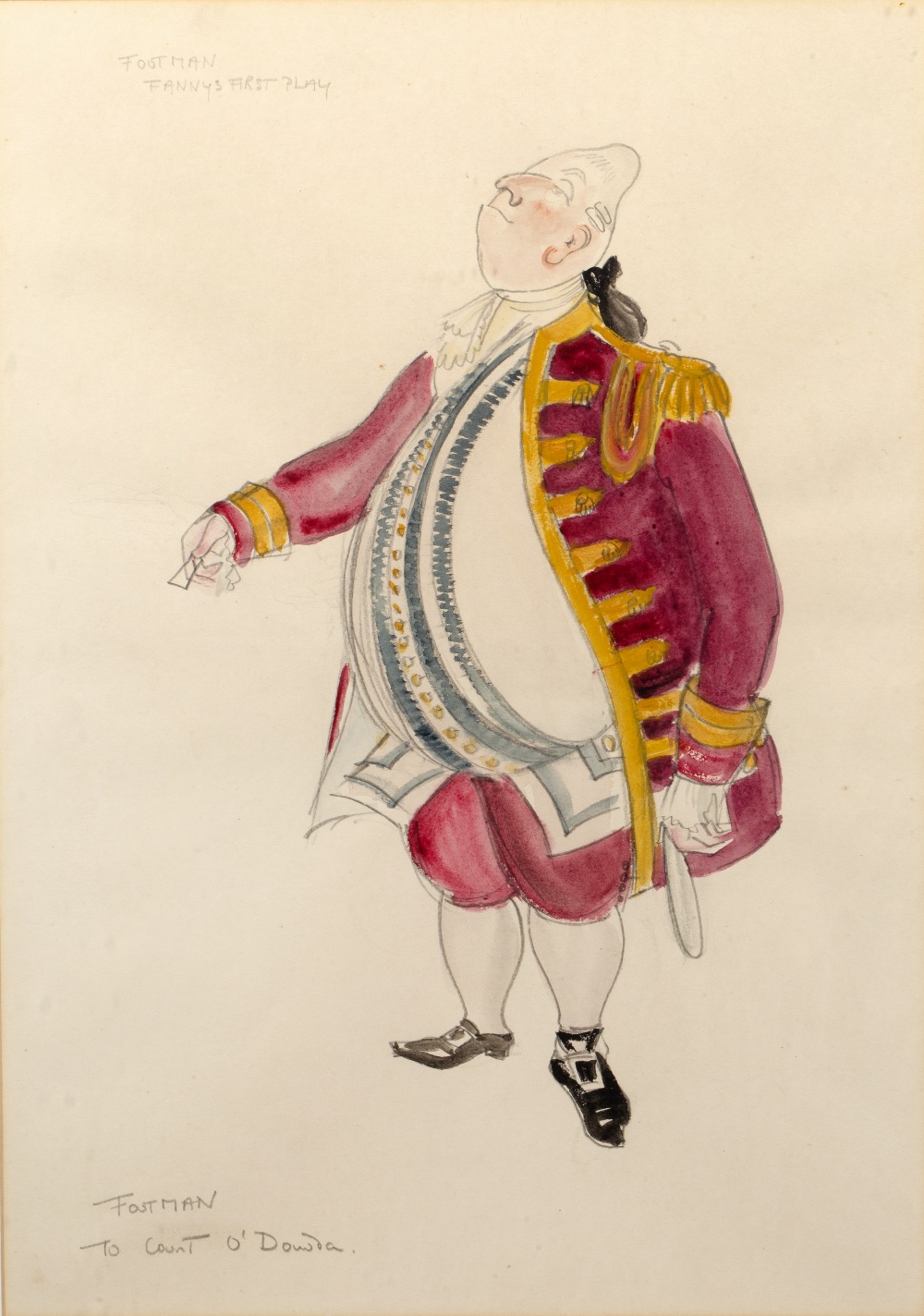 Two costume design studies one titled 'Footman to Count O'Dowda' (Fanny's First Play), 40cm x - Image 2 of 6