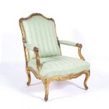 Large giltwood fauteuil French, 19th Century, on shaped supports, 74cm across, 102cm high