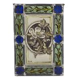 Painted leaded glass panel decorated to the centre with a single flower and a foliate border, signed