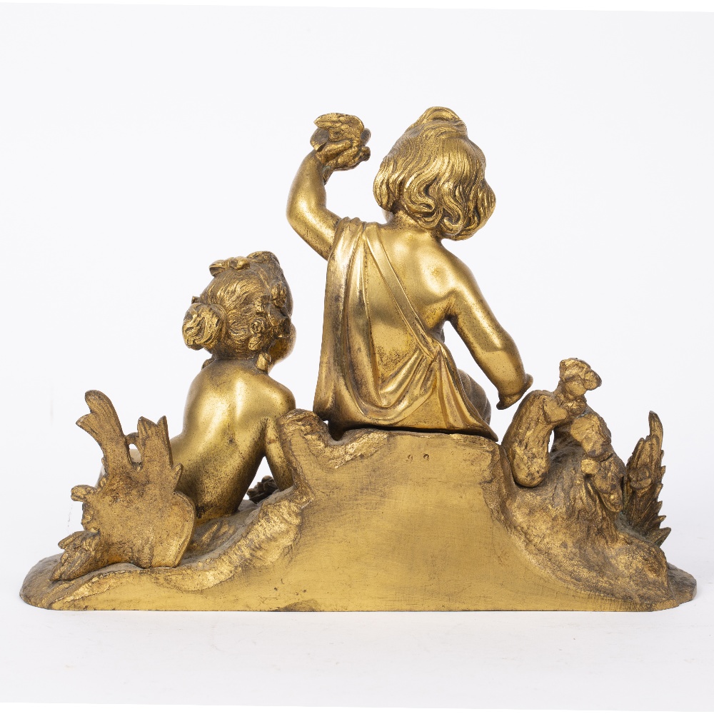 French gilt bronze model of two Putti 19th Century, modelled sitting in a garden, the largest - Image 2 of 3