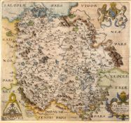 Antiquarian map of Herefordshire by Christopher Saxton, with later hand coloured detail, 28cm x