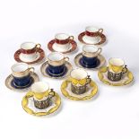 Set of six Coalport cups and saucers with Chester silver mounts, a set of six Spode 'oaklea' cups