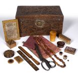 Collection of Tunbridge ware to include: photoframe, sewing accessories, brushes, boxes contained in