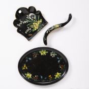 In the manner of Jennens and Bettridge papier mache painted crumb tray and brush and a serving tray,