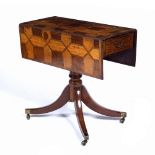 Parquetry supper table George III, with two drop flaps on a turned column and brass paw castors,