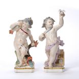 Pair of porcelain model putti continental, one holding a fish, the other a bird, each on a square