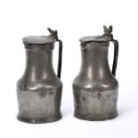 Two French pewter lidded flagons 18th Century, of characteristic Jersey Measure shape,