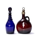 Bristol blue decanter and stopper with gold gilt lettering for brandy, 22.5cm high, together with