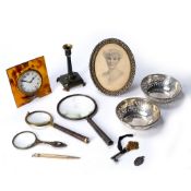 Collection of objets de vertu to include a pair of silver pierced dishes, by Walker and Hall,