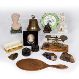 Collection of pieces to include: Blue John specimens, wooden hand-held mirror, 20th Century, Chinese