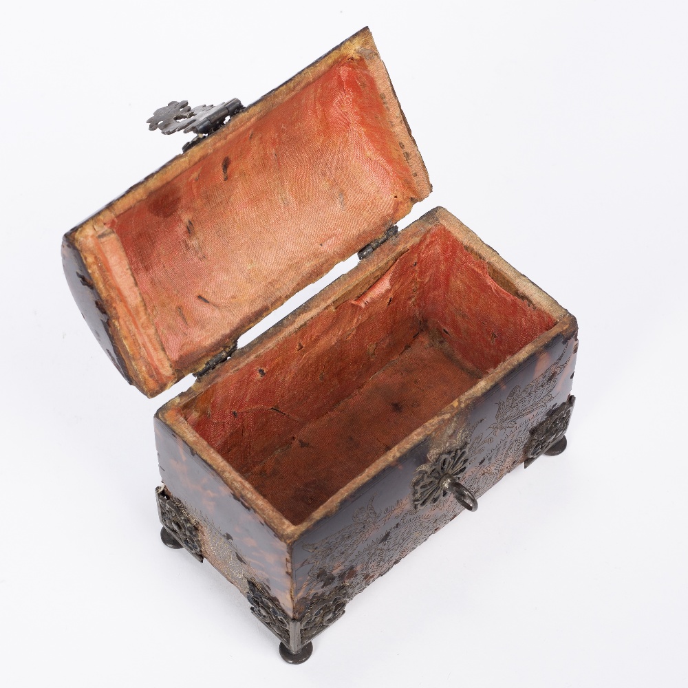Tortoiseshell casket 18th Century, engraved with foliate scrolls, with applied metal mounts possibly - Image 5 of 5