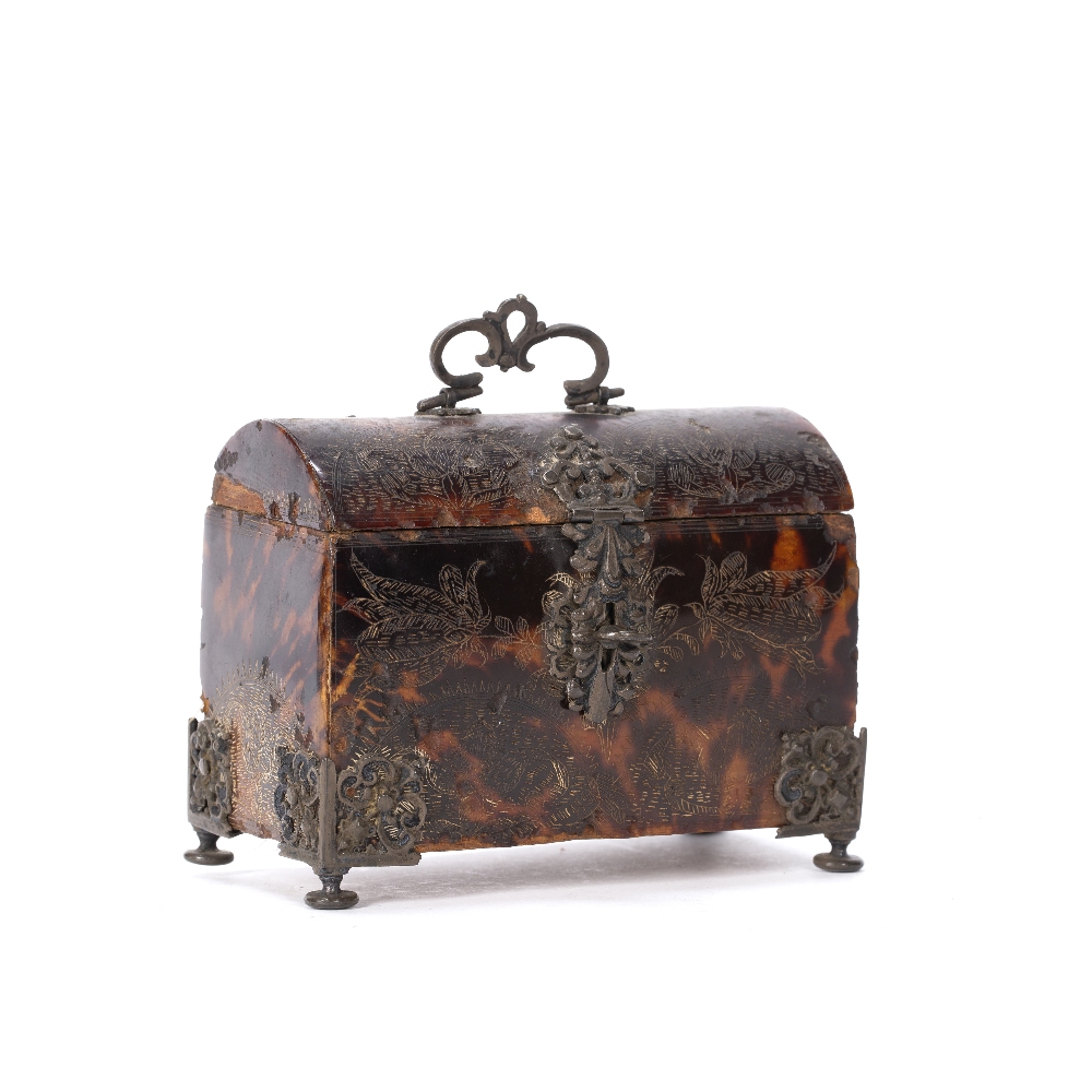 Tortoiseshell casket 18th Century, engraved with foliate scrolls, with applied metal mounts possibly