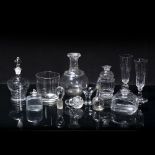 Group of glass including flutes, bottle and stopper and other pieces