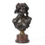 French bronze half bust of a woman 19th Century, dressed in typical robes on an onyx base, 29cm high