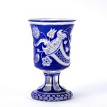 Bohemian double overlay glass goblet circa 1870, of campana shape, overlaid in bright blue over