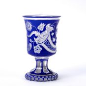Bohemian double overlay glass goblet circa 1870, of campana shape, overlaid in bright blue over