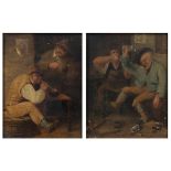 After Teniers pair of tavern scenes, depicting figures dancing and drinking, oil on canvas, 14cm x