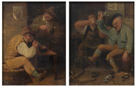 After Teniers pair of tavern scenes, depicting figures dancing and drinking, oil on canvas, 14cm x