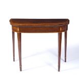 Mahogany and inlaid card table with fold-over top on tapering support, 91cm across, 42cm deep,