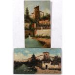 Jose Alarcon Suarez Town scenes, oil on panel, each signed ,unframed, 32cm x 17.75cm and 18cm x