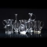 Etched glass jug 20cm, etched glass carafe, two other glass jugs and a decanter (5)