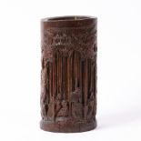 Bamboo brush pot Chinese carved with figures under a pine tree, 21cm high, 10.5cm across