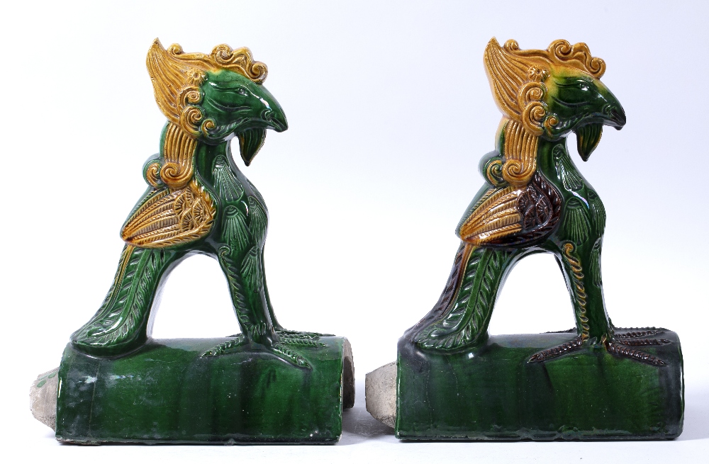 Pair of polychrome arched roof tiles Chinese, late 19th/early 20th Century each surmounted by - Image 3 of 7