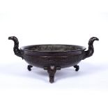 Bronze censer Chinese, 19th Century the handles and legs modelled as elephant with an engraved